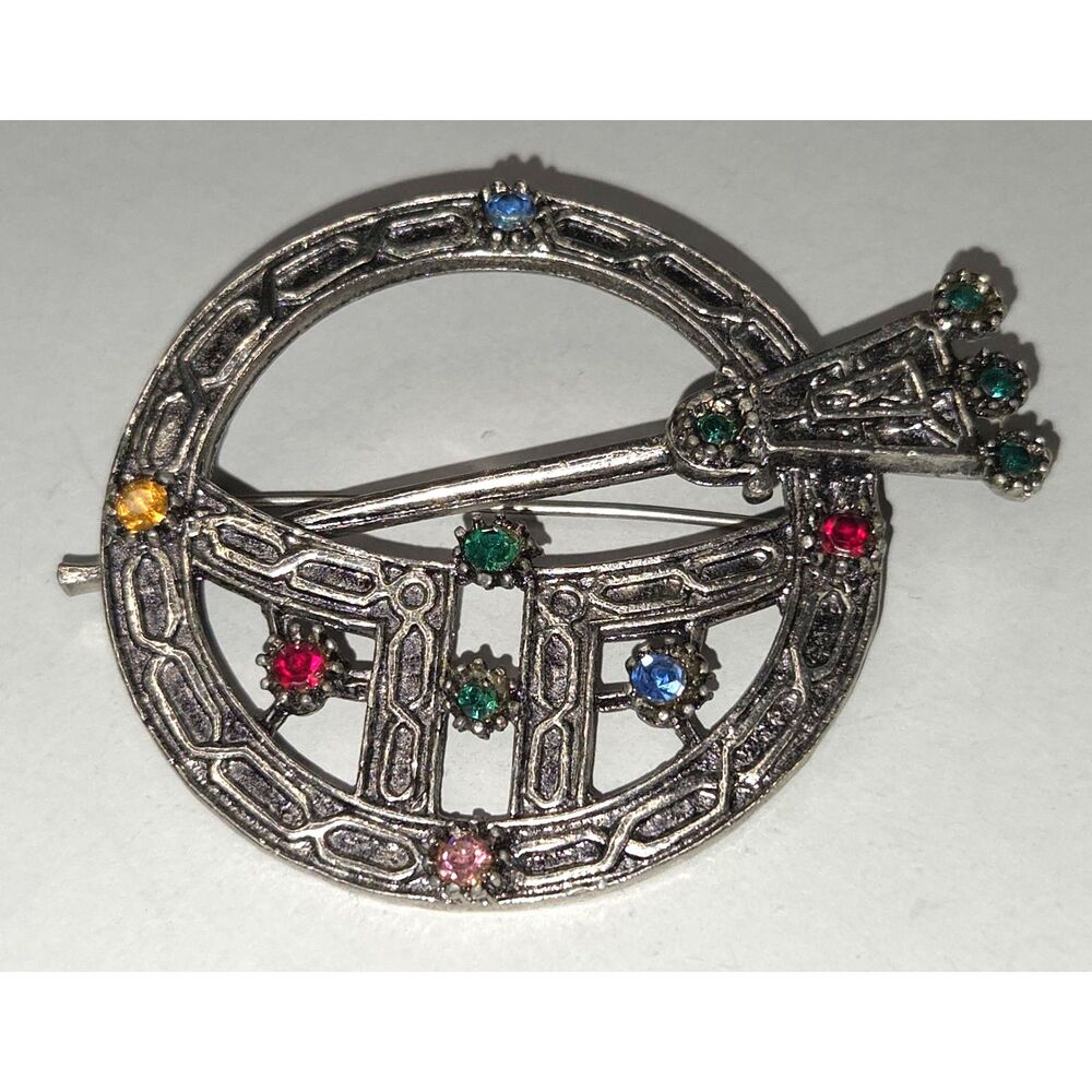 Penannular Brooch Silver Tone Multicolor Rhinestones Celtic